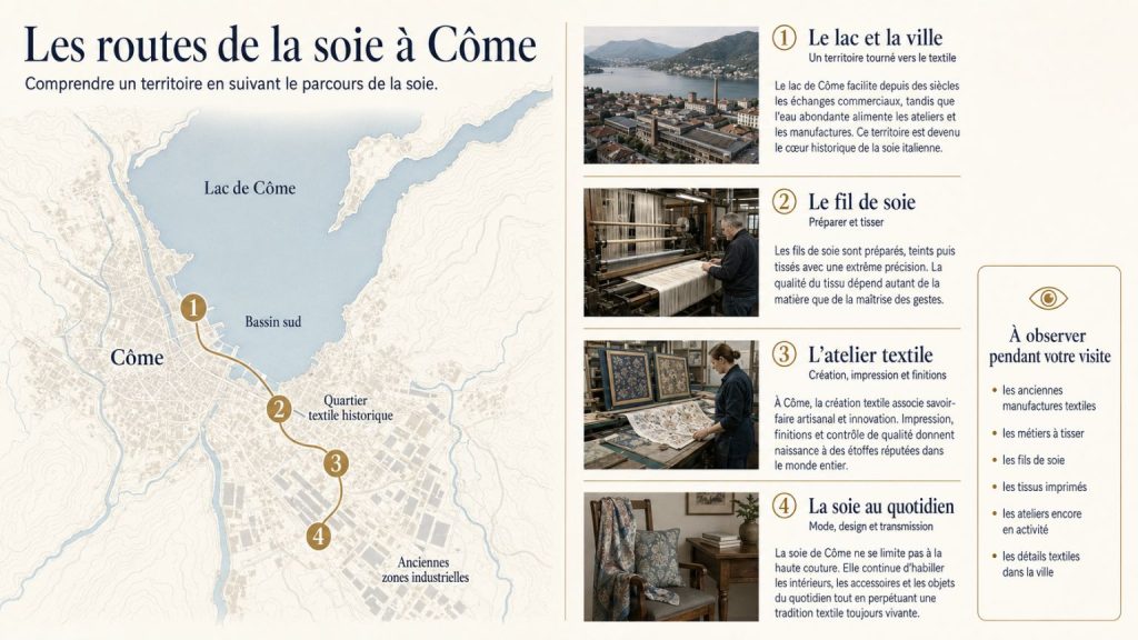 Infographie montrant le parcours de la soie à Côme, du lac aux ateliers textiles, au tissage et aux créations en soie.