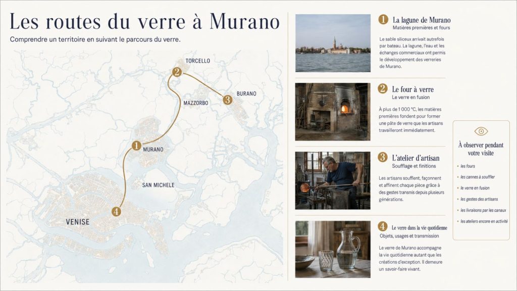 Infographie montrant le parcours du verre à Murano, depuis la lagune et les fours jusqu'aux ateliers d'artisans et aux objets du quotidien.