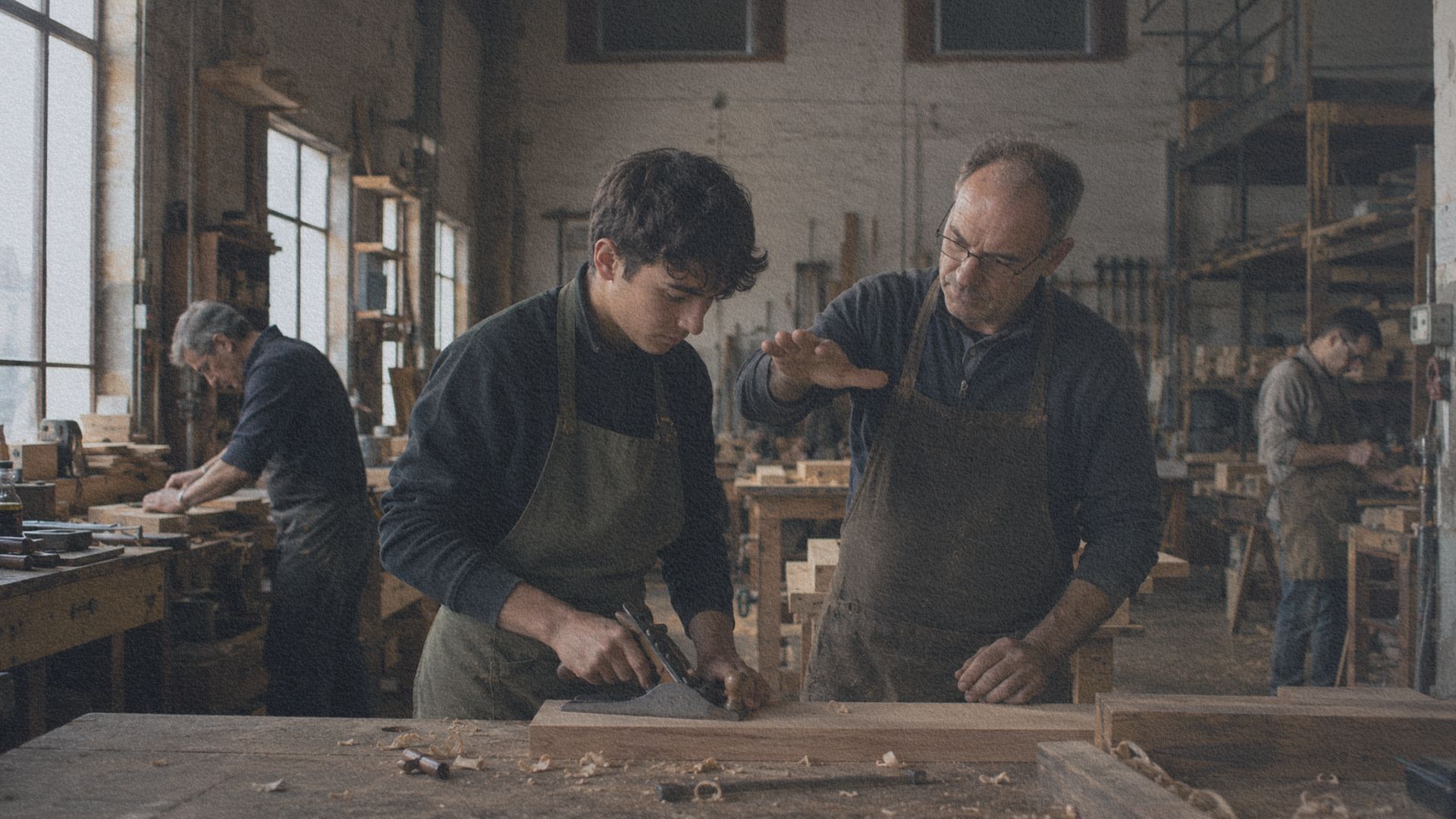 Maître artisan guidant discrètement un apprenti dans un atelier italien sans intervenir directement sur son geste.