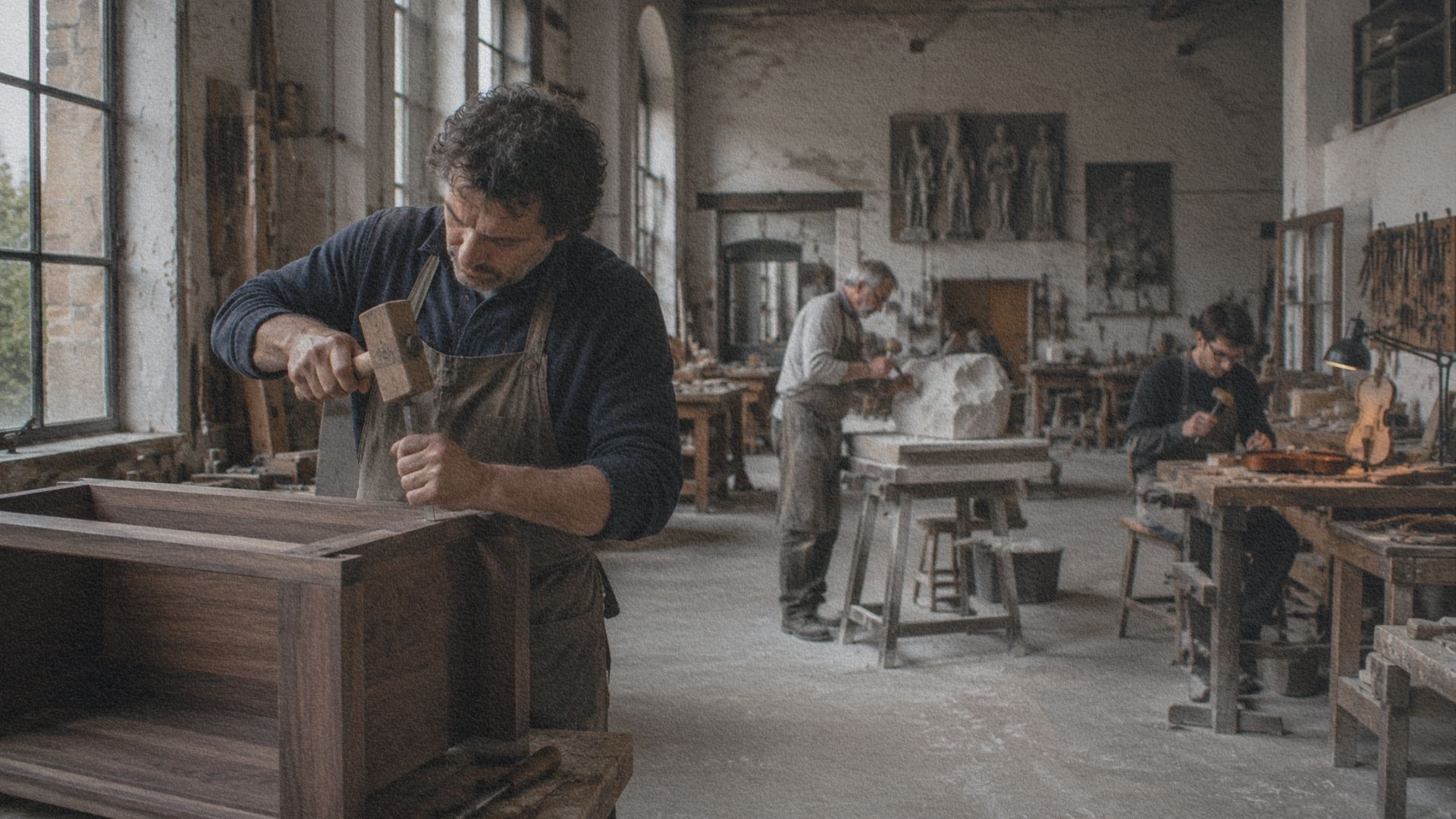Ébéniste, tailleur de pierre et luthier utilisant chacun un maillet en bois dans des ateliers italiens.