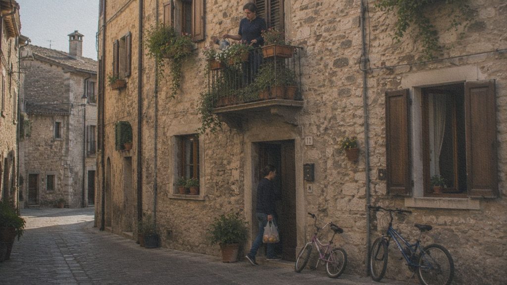 Maison ancienne habitée dans un village italien avec des habitants vivant leur quotidien.