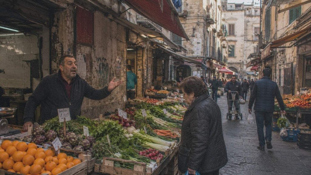 Un marchand de fruits et légumes de Ballarò annonce ses produits tandis qu’une cliente examine l’étal dans une rue de l’Albergheria à Palerme.