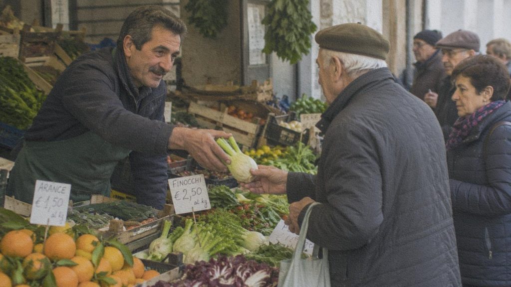 Un maraîcher échange avec une cliente habituée sur un marché italien.