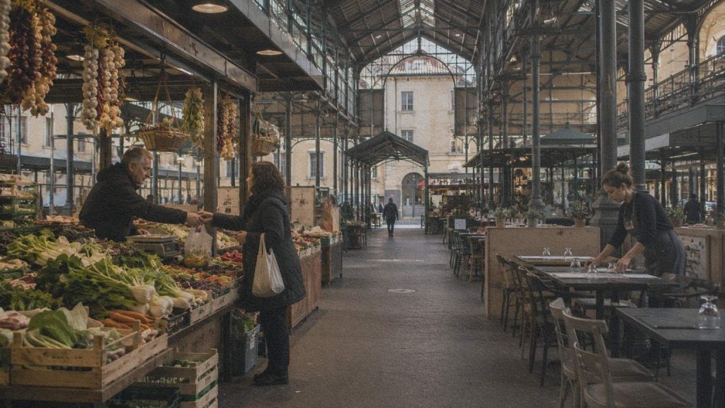 Au Mercato delle Erbe de Bologne, les étals alimentaires du matin côtoient les tables préparées pour la restauration.