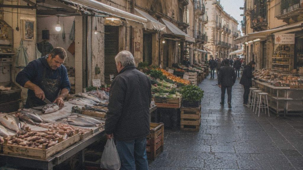 Au marché d’Ortigia, un étal de poisson et des produits agricoles siciliens côtoient discrètement des commerces tournés vers la dégustation.