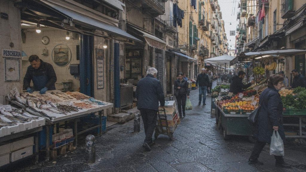 À la Pignasecca, étals mobiles, commerces permanents, livraisons et déplacements quotidiens partagent une même rue de Naples.