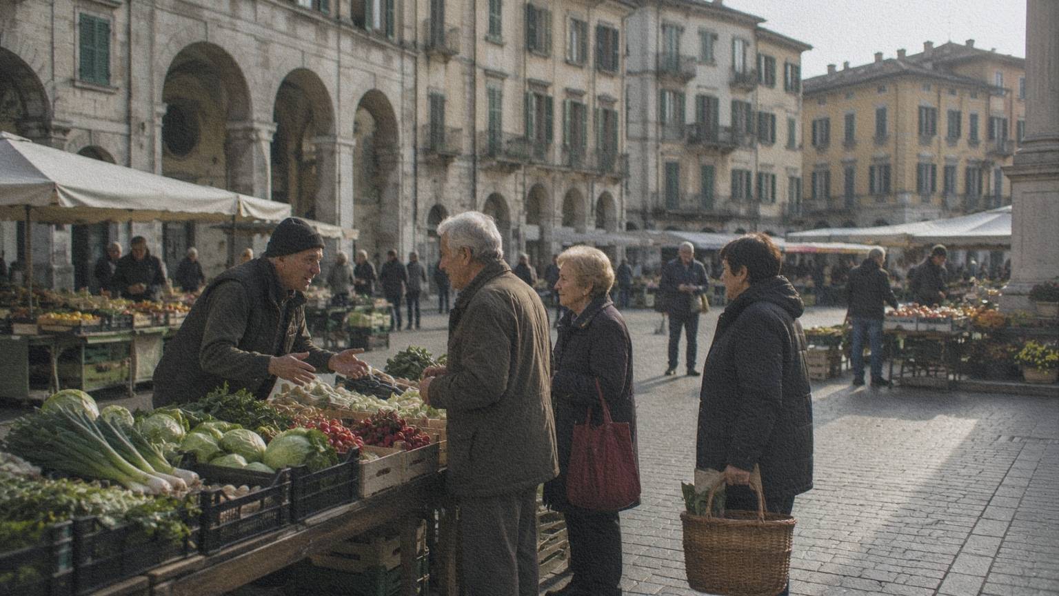 Italie-marche-quotidien Des habitants discutent avec un marchand sur un marché italien installé sur une place historique.