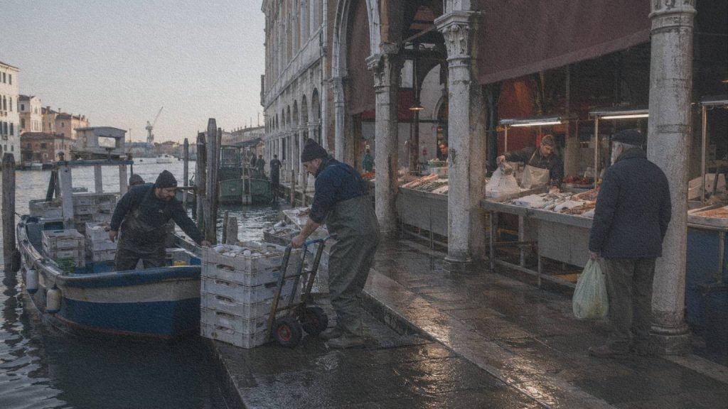 Des caisses de poisson sont déchargées d’un bateau près de la Pescheria du Rialto tôt le matin à Venise.