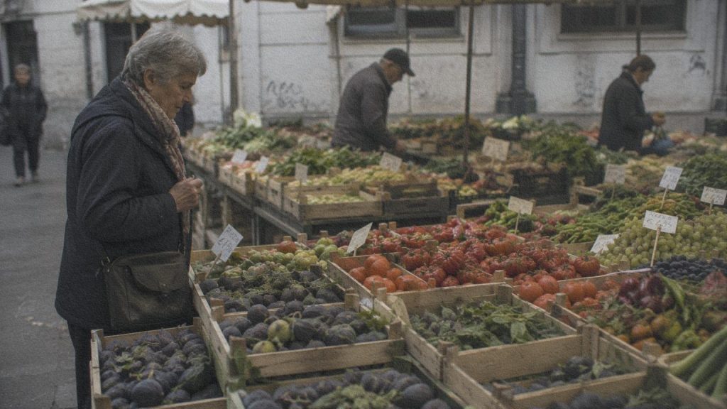 Une cliente observe des fruits et légumes de saison sur un marché italien.
