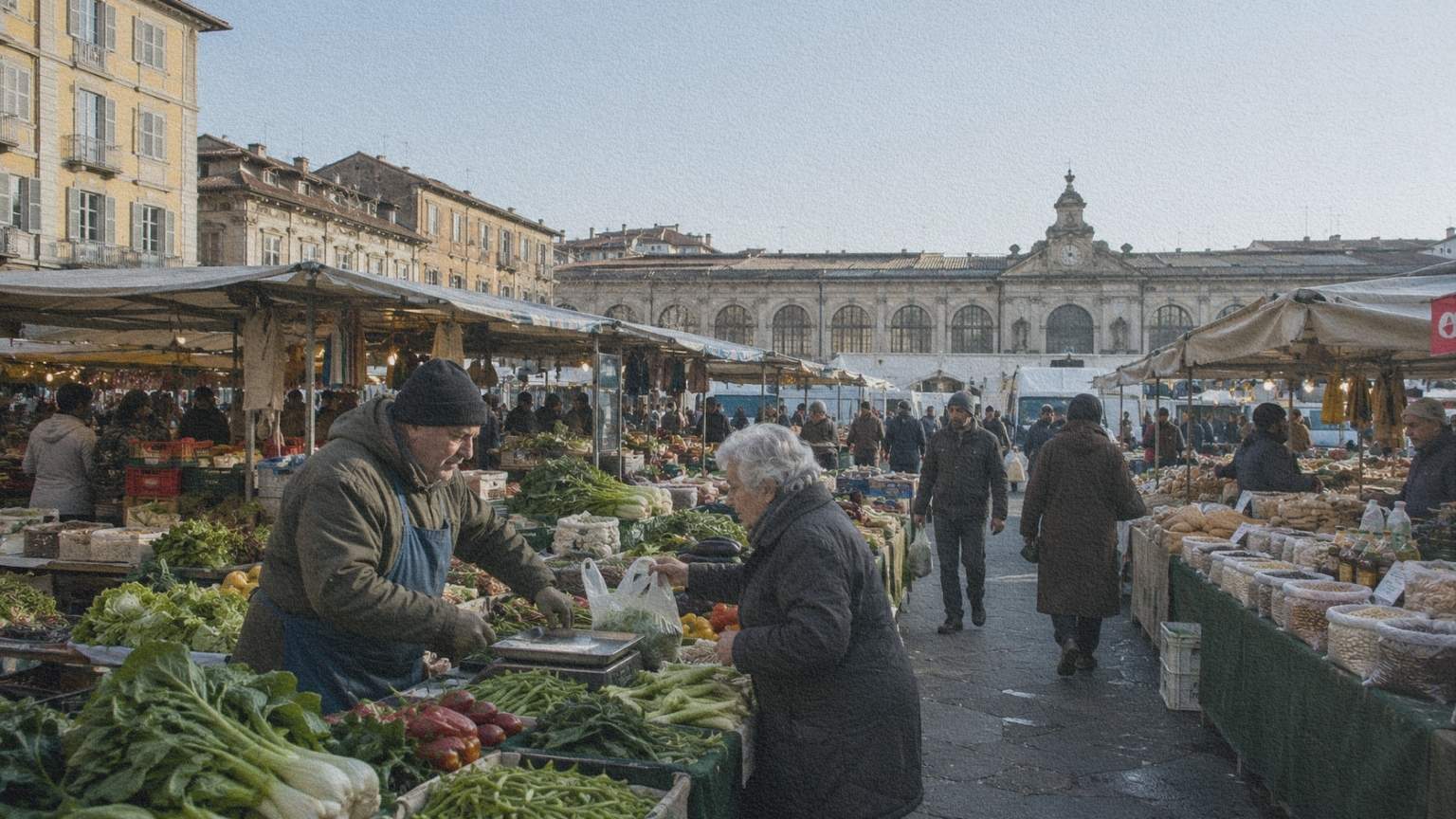 Les étals de Porta Palazzo occupent la vaste Piazza della Repubblica à Turin tandis que les habitants font leurs courses un matin de semaine.