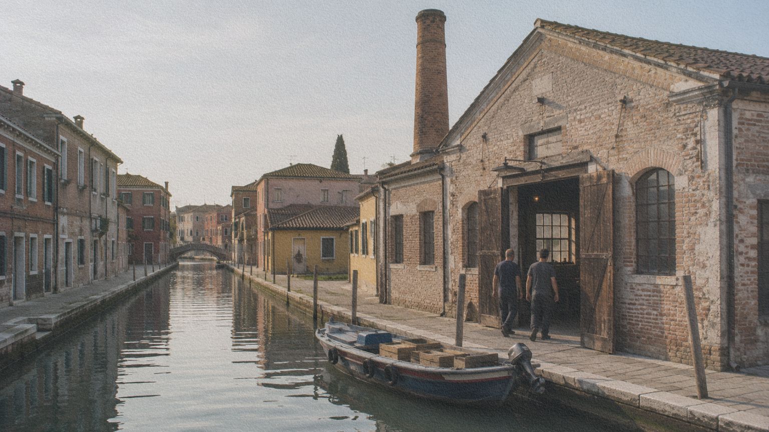 Atelier verrier traditionnel au bord d'un canal de Murano avec deux artisans se rendant au travail.