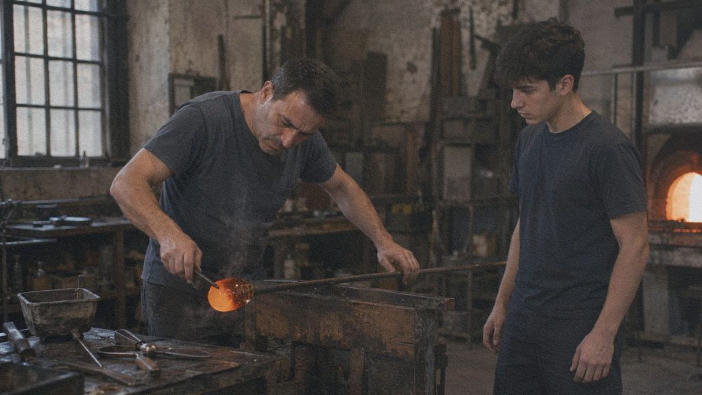 Jeune artisan observant un maître verrier souffler une pièce de verre dans un atelier de Murano.