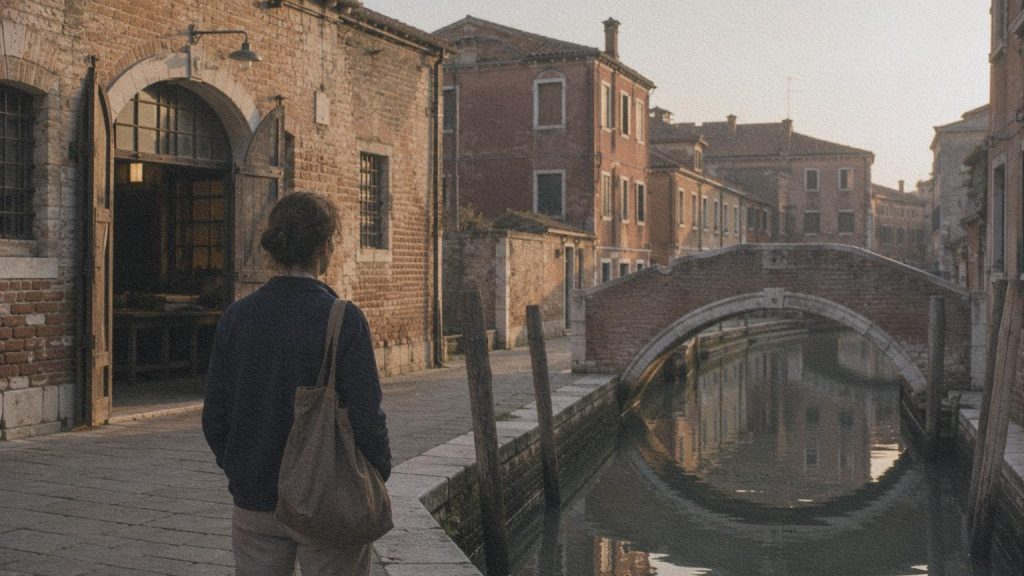 Voyageur observant une rue calme et un atelier traditionnel à Murano.
