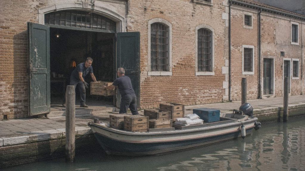 Petite embarcation livrant des caisses devant un atelier verrier de Murano.