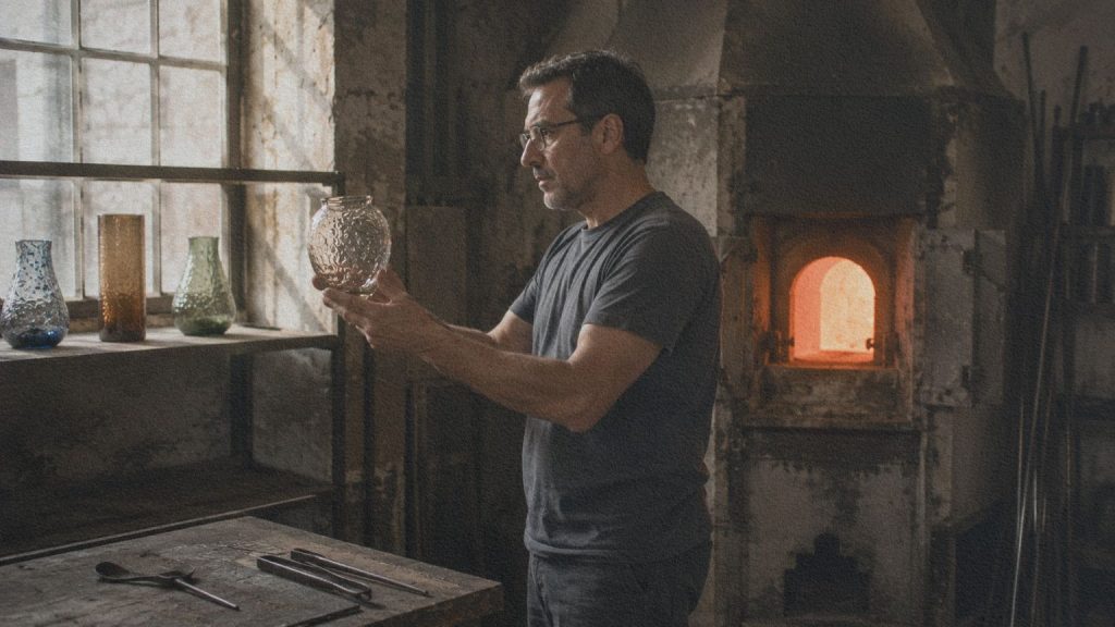 Artisan terminant une création contemporaine en verre soufflé dans un atelier de Murano.
