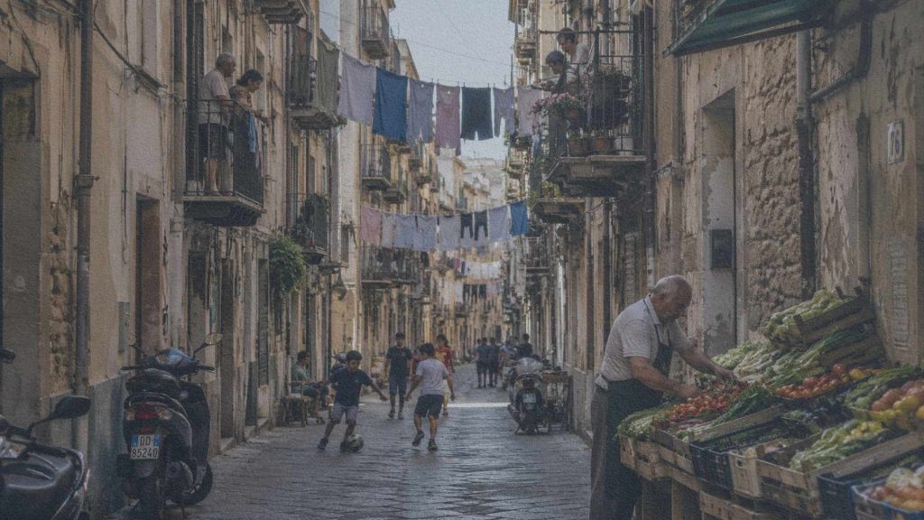 Rue du centre historique de Palerme où la vie quotidienne se déroule entre commerces, habitants et immeubles anciens.