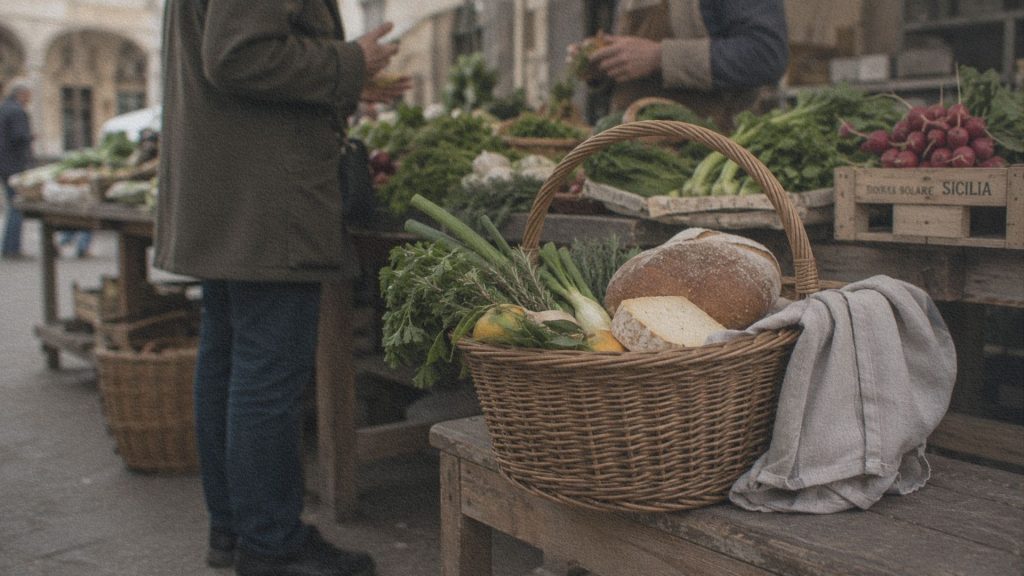 Panier de marché italien rempli de produits de saison posé quelques instants pendant une conversation avec un producteur.