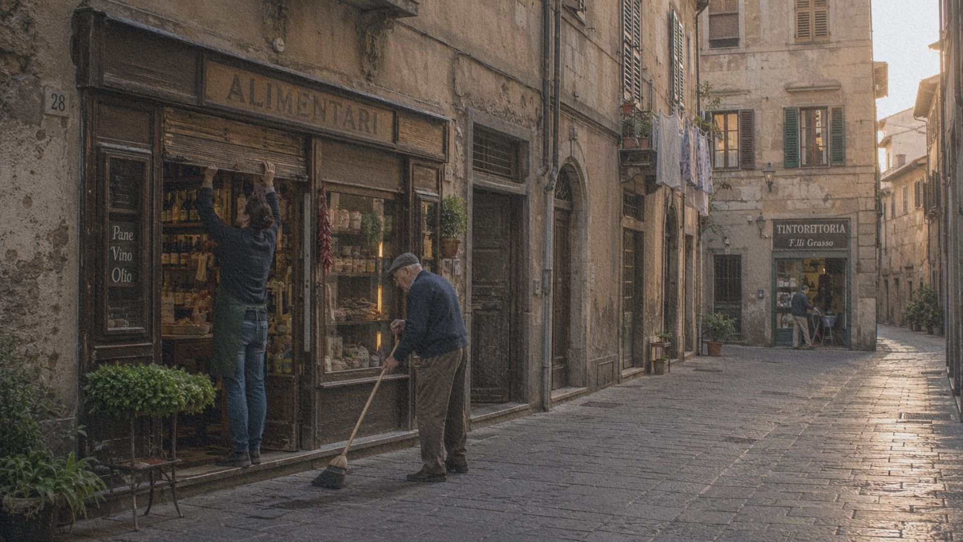 Une petite boutique familiale ouvre ses volets dans une rue historique d'une ville italienne encore habitée.