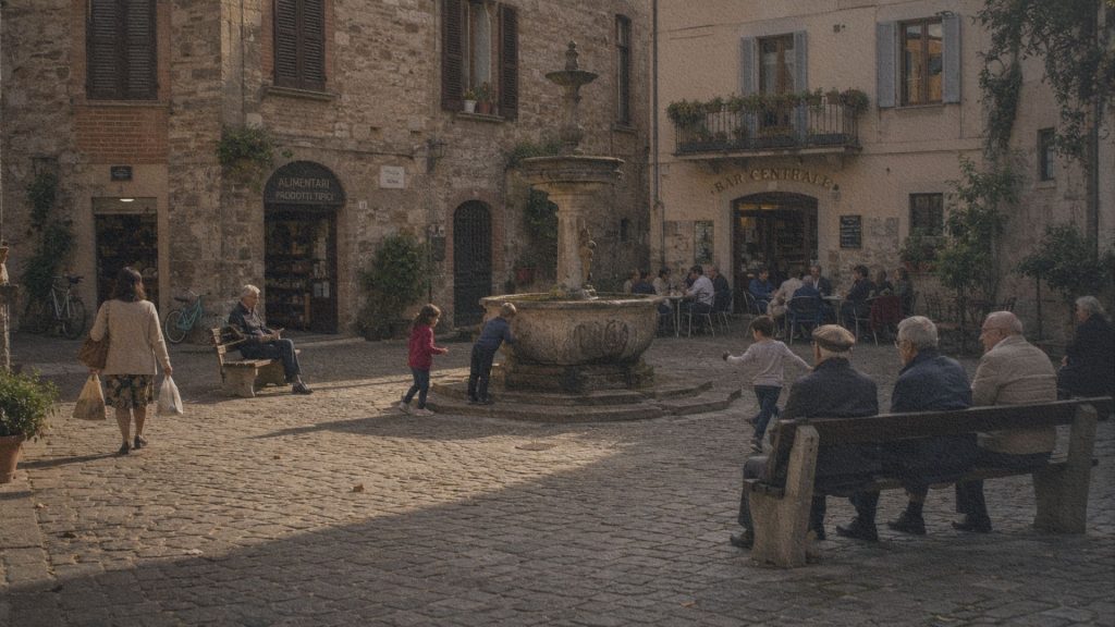 Habitants de plusieurs générations partageant naturellement une petite piazza italienne en fin d'après-midi.