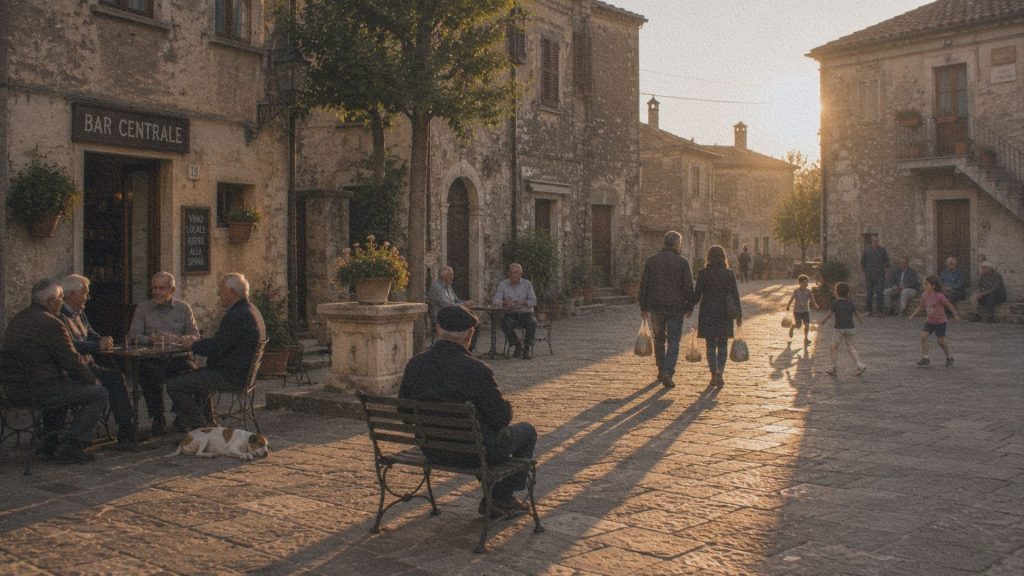Habitants réunis sur une piazza d'un village italien en fin de journée.