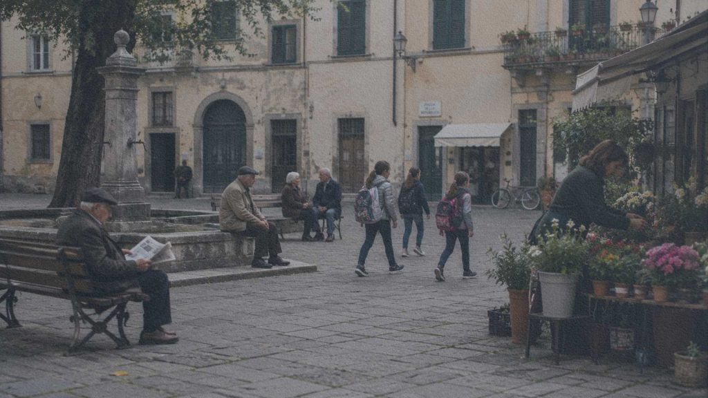 Habitants utilisant une piazza italienne comme lieu de rencontre et de passage au quotidien.