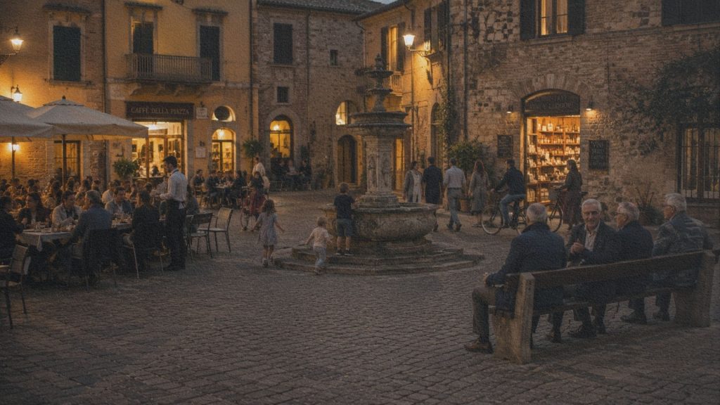 Habitants profitant d'une piazza italienne en début de soirée autour des bancs, des terrasses et de la fontaine.