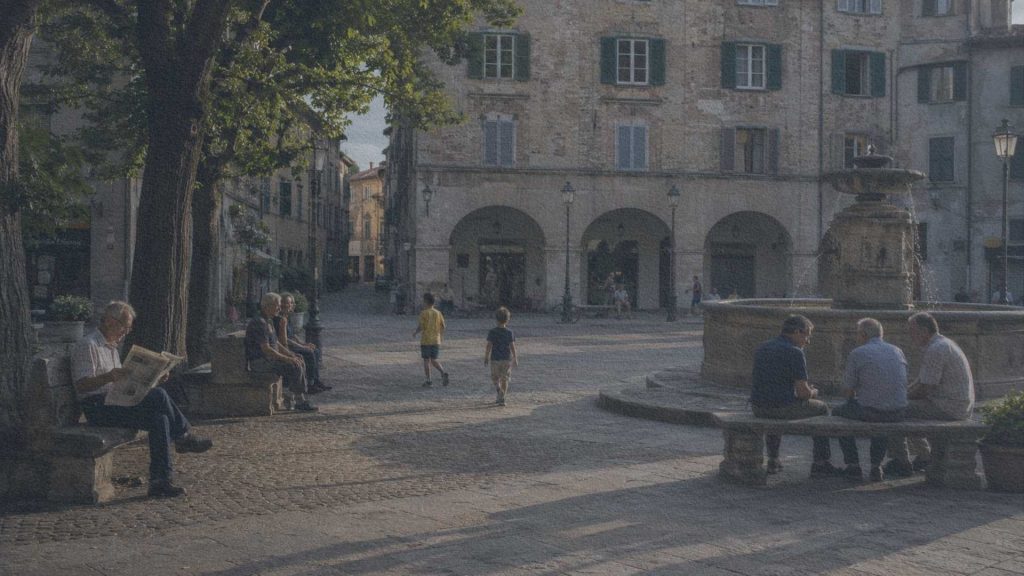 Habitants utilisant naturellement une piazza italienne dont l'aménagement accompagne la vie quotidienne.