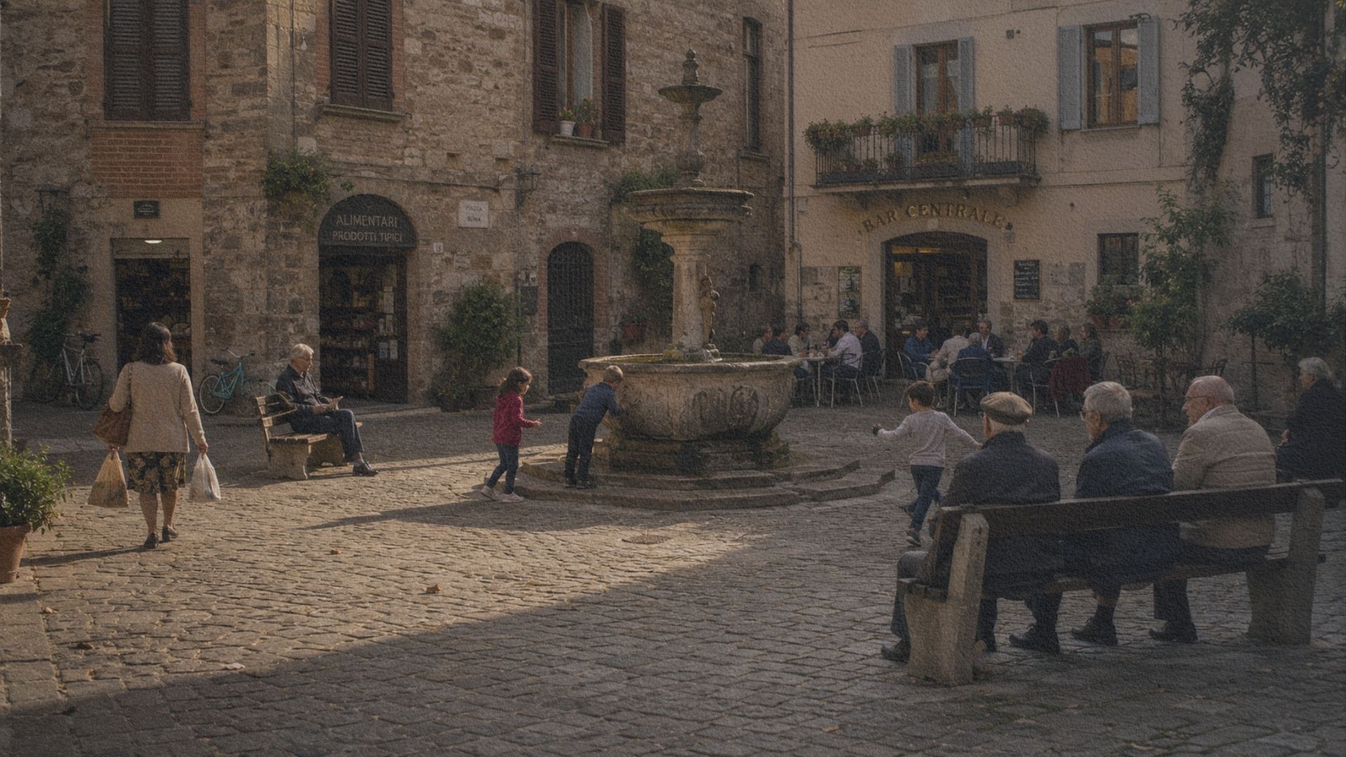 Habitants de plusieurs générations partageant naturellement une petite piazza italienne en fin d'après-midi.