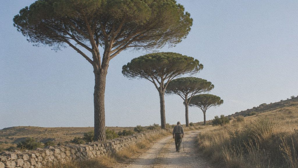 Ancienne route bordée de pins parasols avec un agriculteur marchant sous les arbres.
