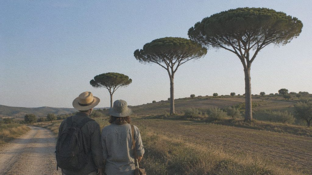 Deux voyageurs observent des pins parasols dans un paysage rural italien.