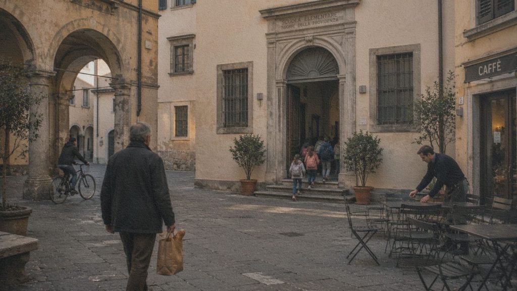 Habitants traversant une place historique italienne au cours de leurs activités quotidiennes.