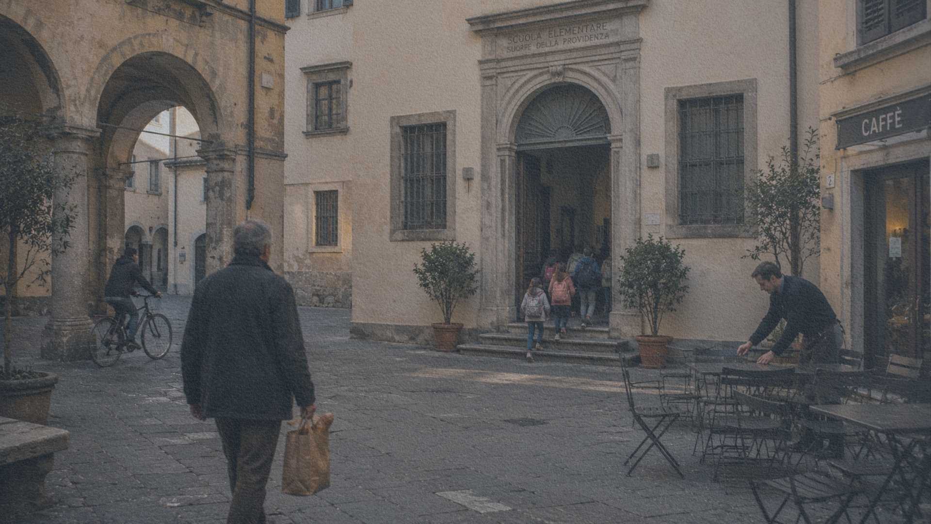 Habitants traversant une place historique italienne au cours de leurs activités quotidiennes.