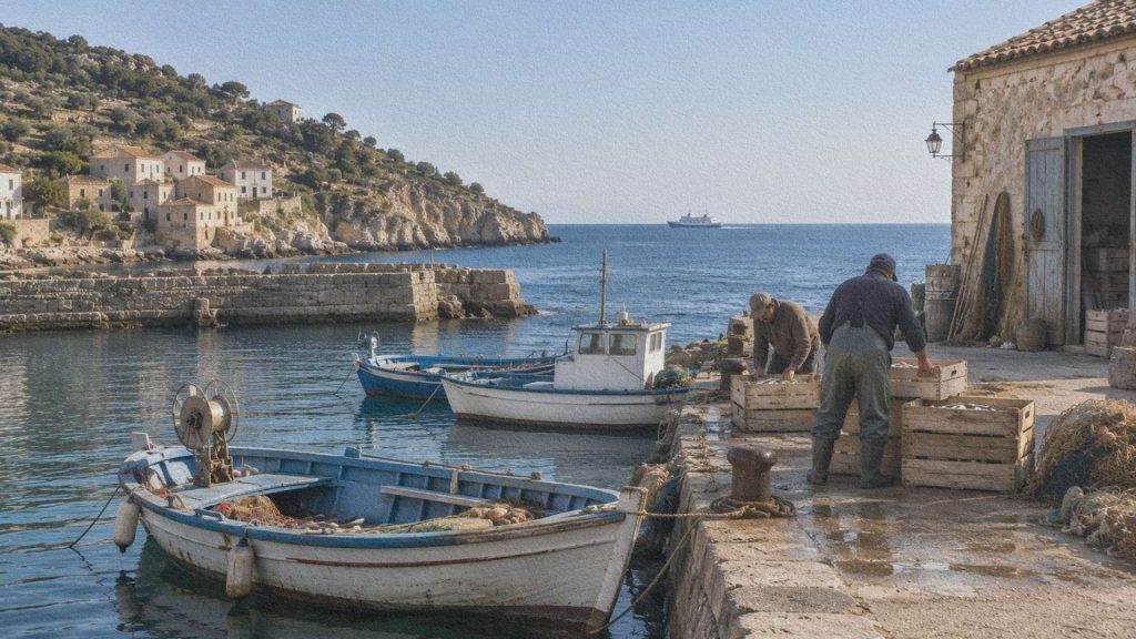 Deux pêcheurs déchargent des caisses sur un petit quai en pierre d’une île italienne.