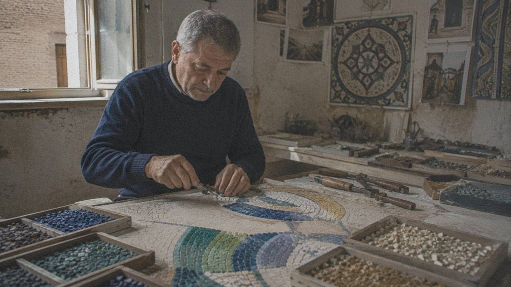 Artisan réalisant une mosaïque dans un atelier contemporain de Ravenne.