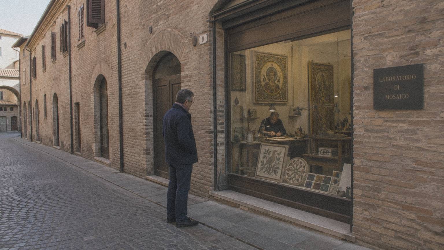 Rue du centre historique de Ravenne avec un atelier de mosaïque intégré au paysage urbain.