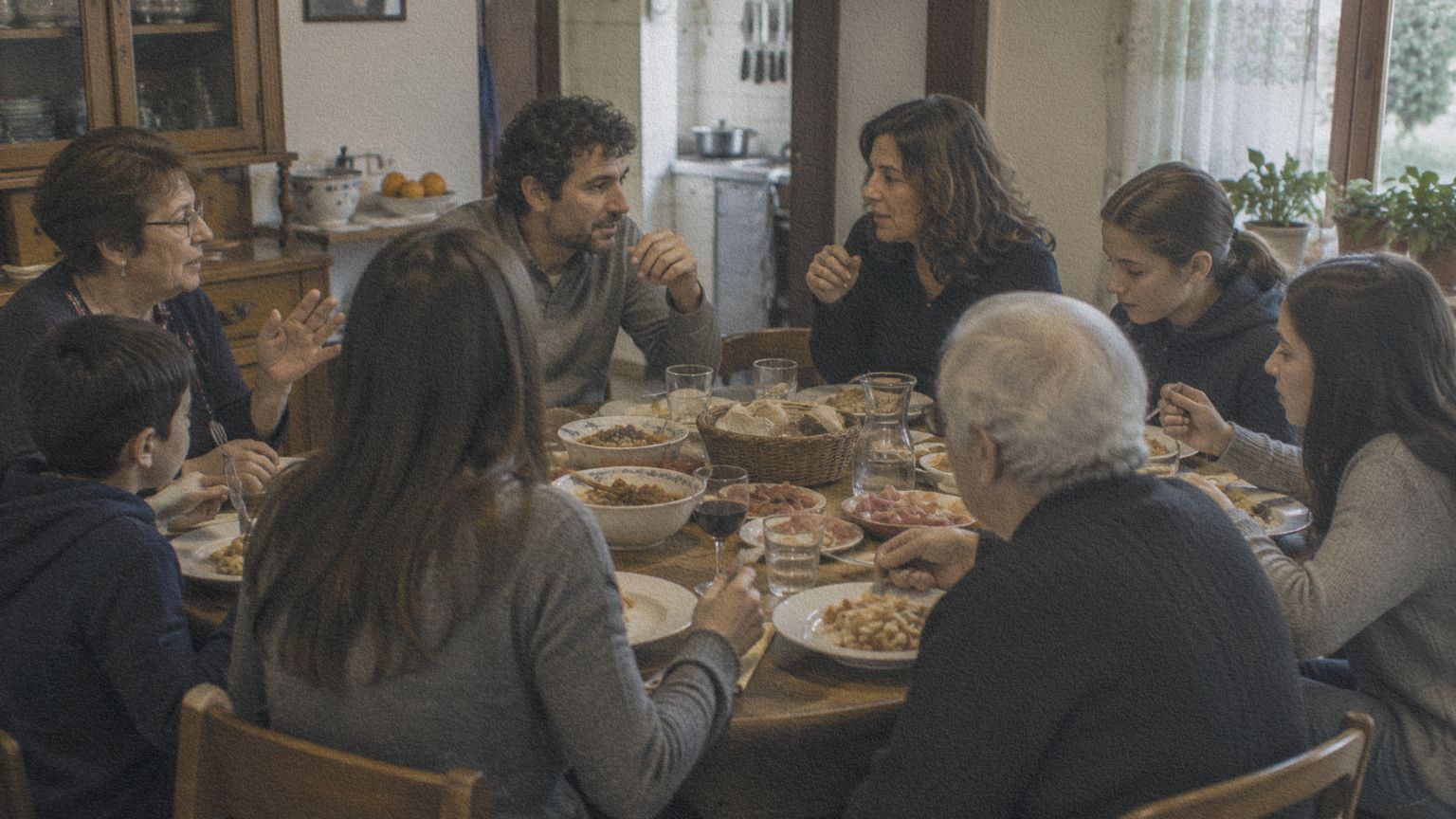 Trois générations d’une famille italienne partagent un repas autour d’une grande table en bois.