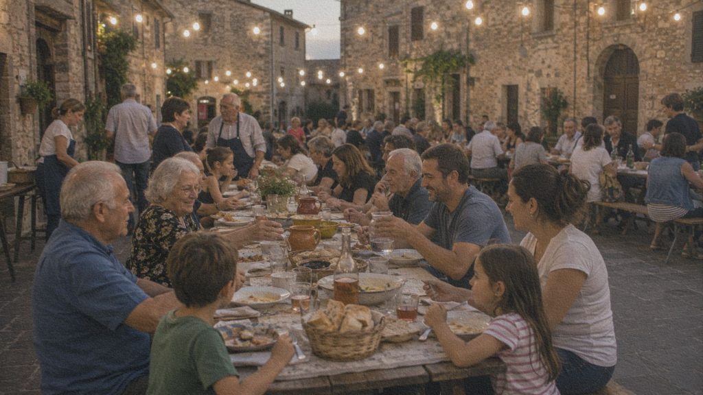 Repas partagé entre habitants sur la piazza d'un village italien.