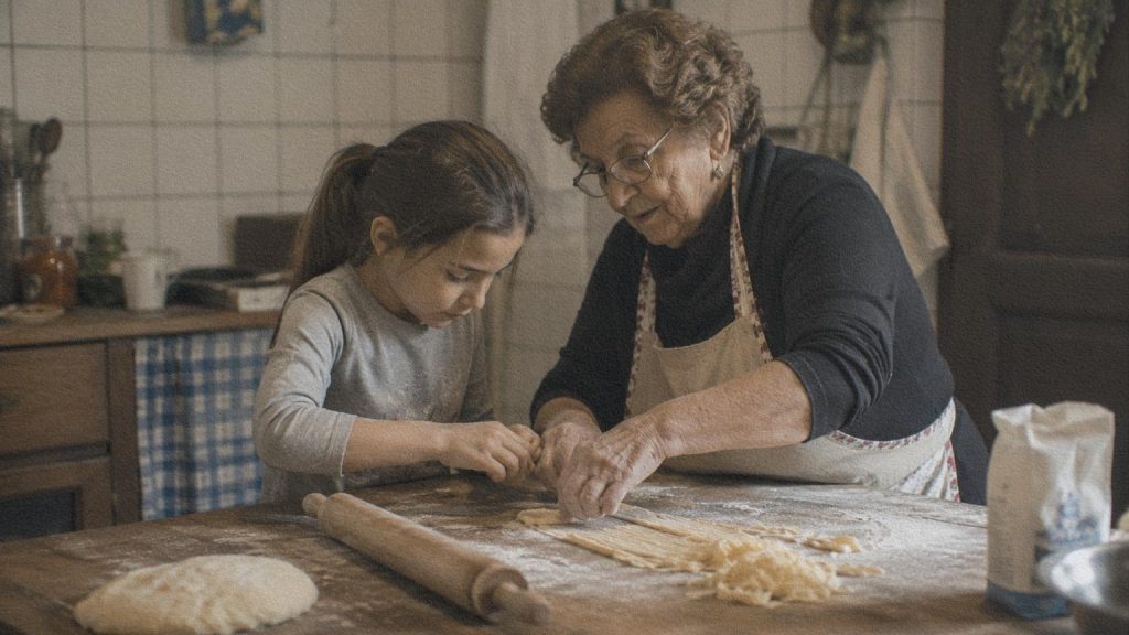 Une grand-mère montre à un enfant comment préparer des pâtes fraîches dans une cuisine italienne.