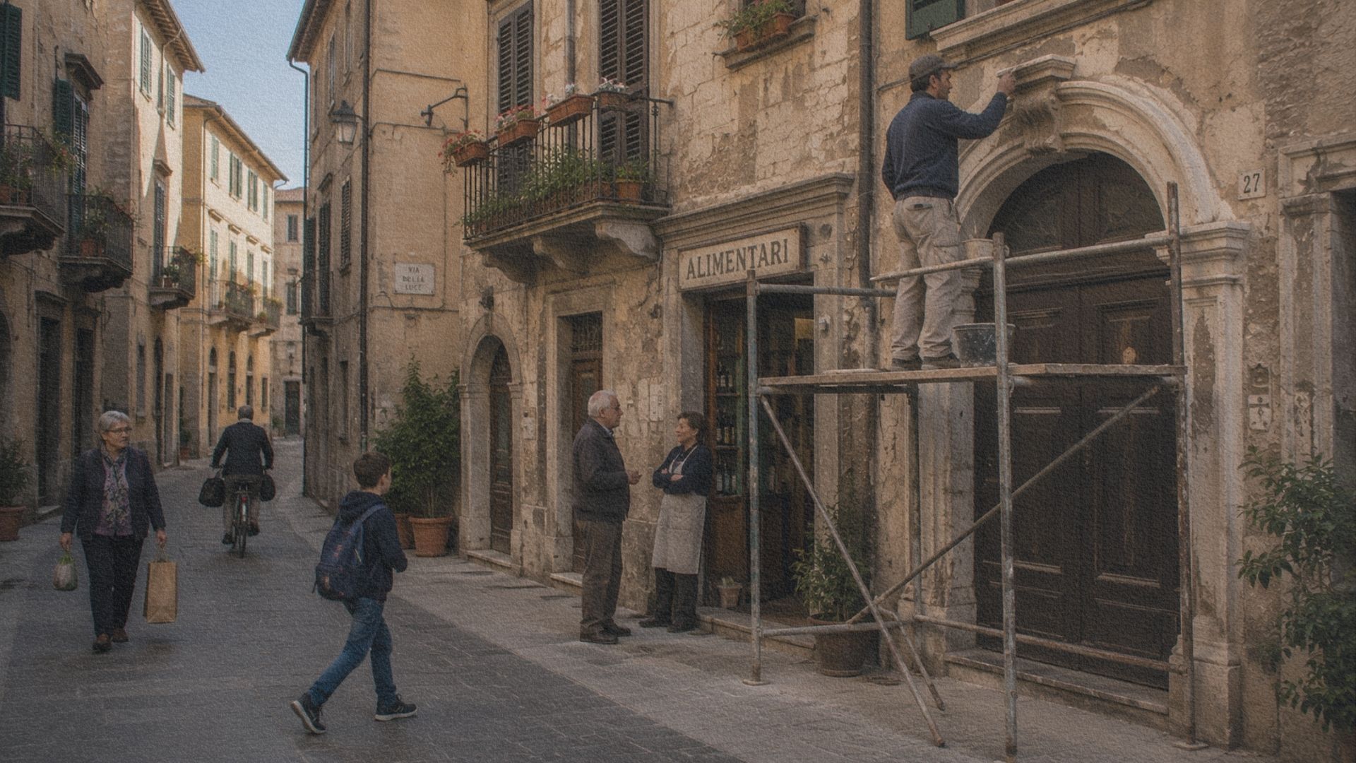 Un artisan restaure discrètement la façade d'un immeuble ancien dans le centre historique d'une ville italienne encore habitée.
