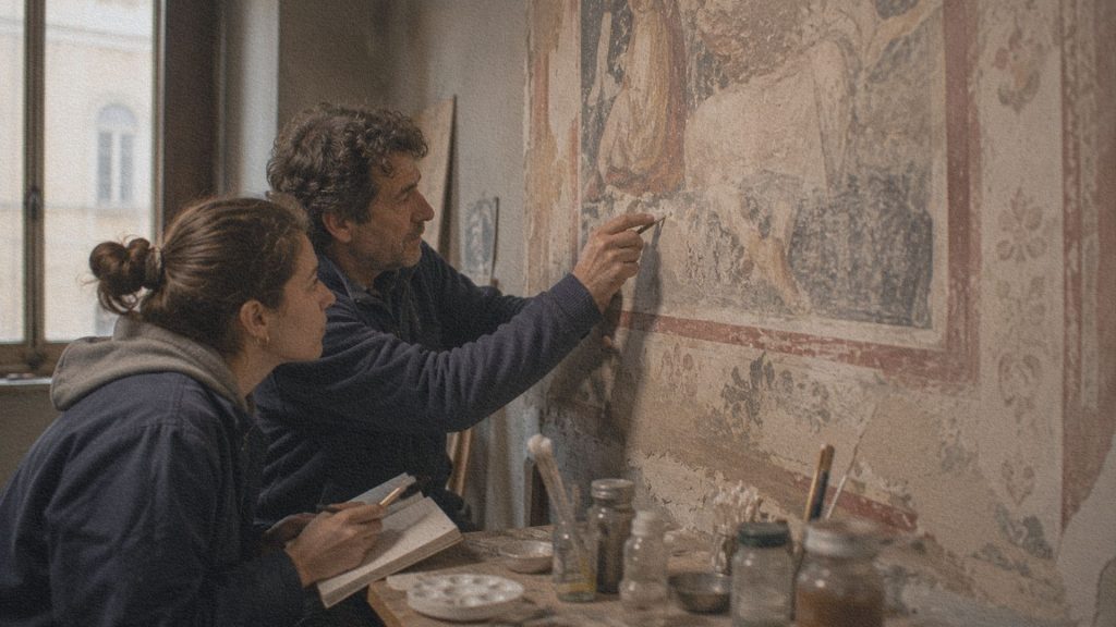 Un maître restaurateur montre son travail à un jeune apprenti devant une fresque ancienne dans un atelier italien.