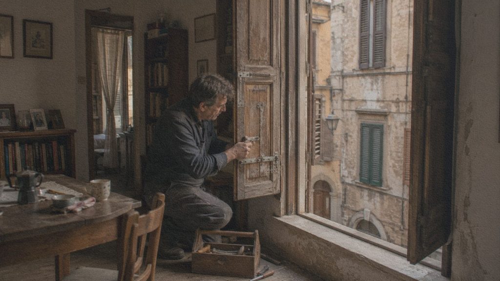 Un artisan répare les volets et les encadrements de fenêtres d'une maison ancienne toujours habitée dans une ville italienne.