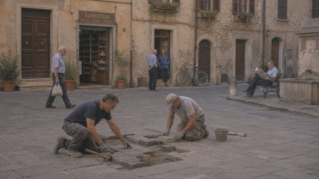 Des artisans restaurent discrètement les pavés d'une place italienne pendant que les habitants poursuivent leurs activités quotidiennes.