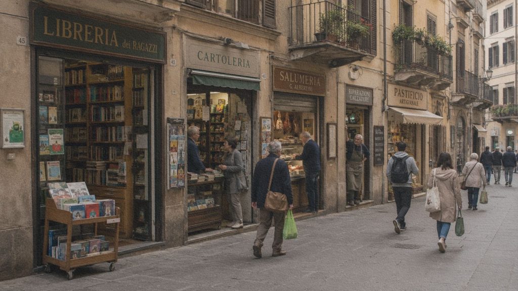 Une rue commerçante italienne où plusieurs boutiques spécialisées indépendantes servent les habitants du quartier.