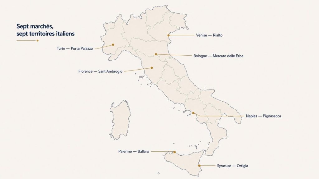 Carte de l’Italie situant Porta Palazzo à Turin, le Mercato delle Erbe à Bologne, Sant’Ambrogio à Florence, le Rialto à Venise, la Pignasecca à Naples, Ballarò à Palerme et le marché d’Ortigia à Syracuse.