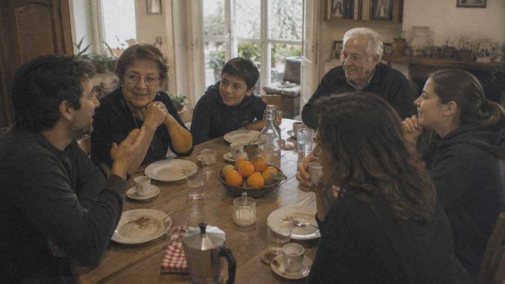 Plusieurs générations poursuivent la conversation après un repas familial en Italie.