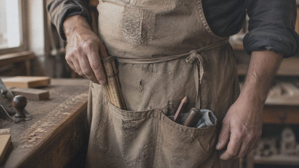 Artisan italien portant un tablier de travail usé, réparé et marqué par des années de gestes répétés.