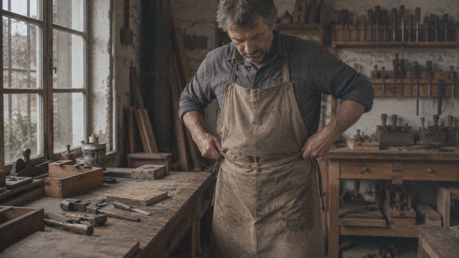 Artisan italien nouant un tablier de travail usé avant de commencer sa journée dans un atelier.
