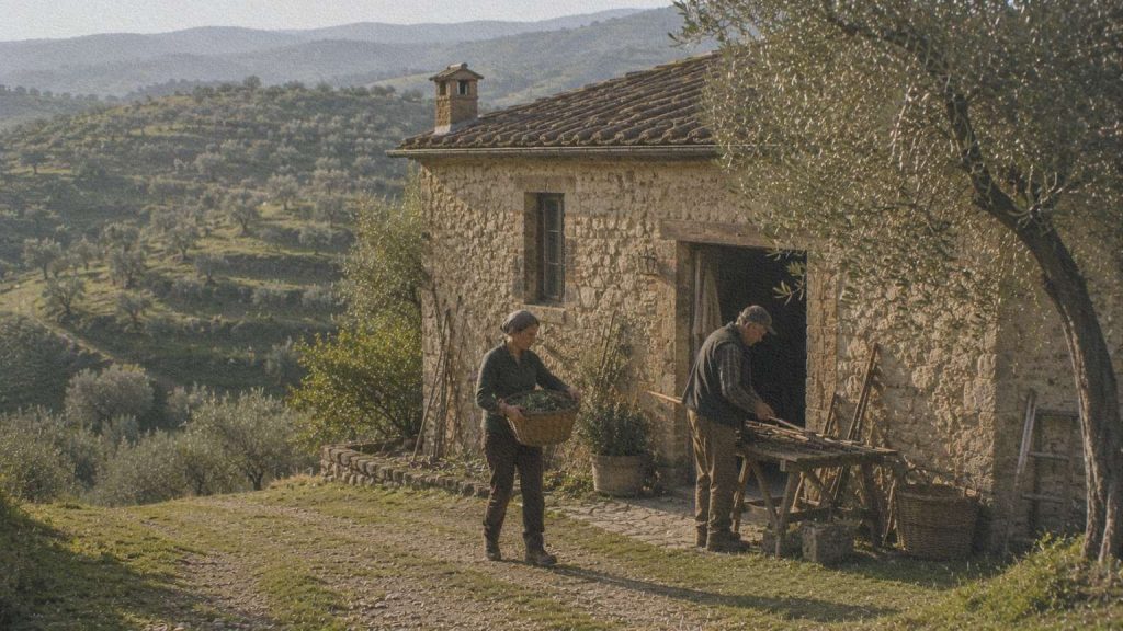 Ferme toscane organisant les cultures autour de ses bâtiments.