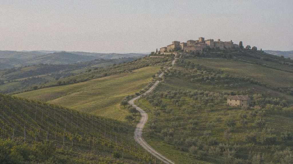 Village perché dominant les collines agricoles de Toscane.