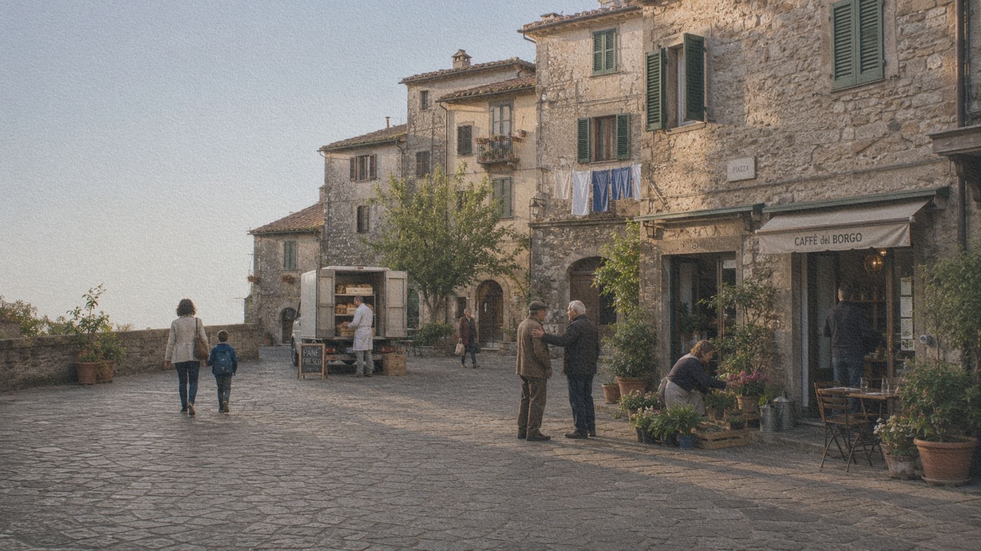 Place d'un village historique italien animée par les habitants au début de la journée.
